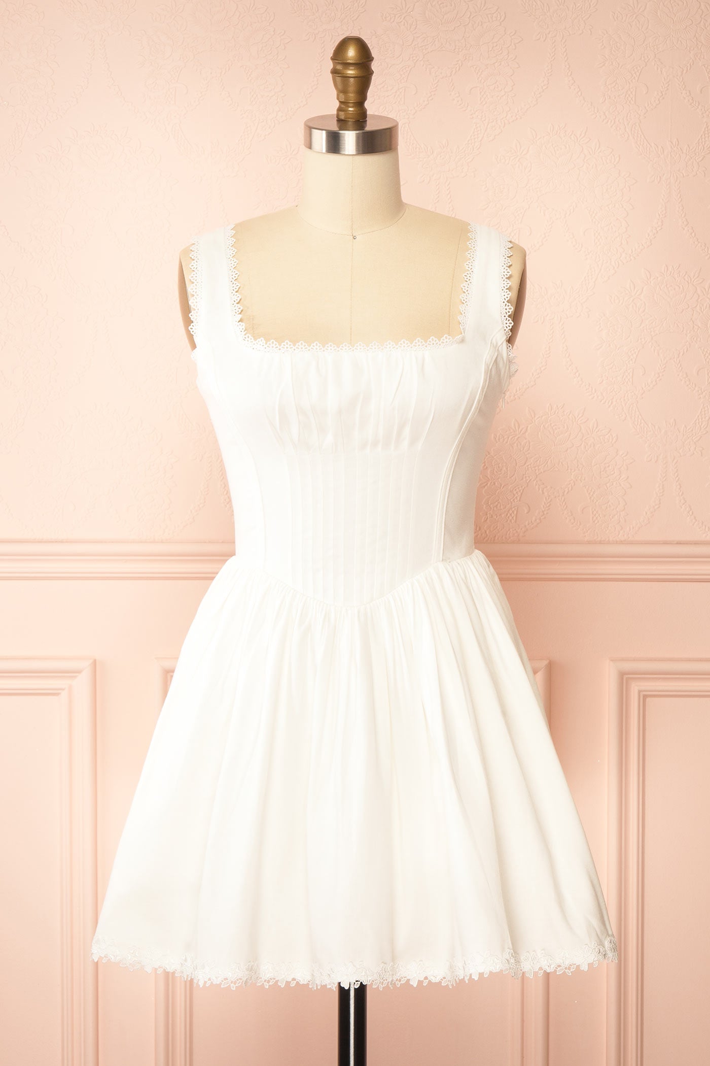 Frontview Sylvaine White Short Dress with Lace-Up Back and Pockets at la boutique 1861