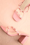 Synthicia Pink Heeled Sandals w/ Rose Flowers | Boutique 1861 flat view