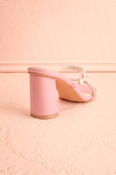 Synthicia Pink Heeled Sandals w/ Rose Flowers | Boutique 1861 back view