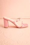 Synthicia Pink Heeled Sandals w/ Rose Flowers | Boutique 1861 side view