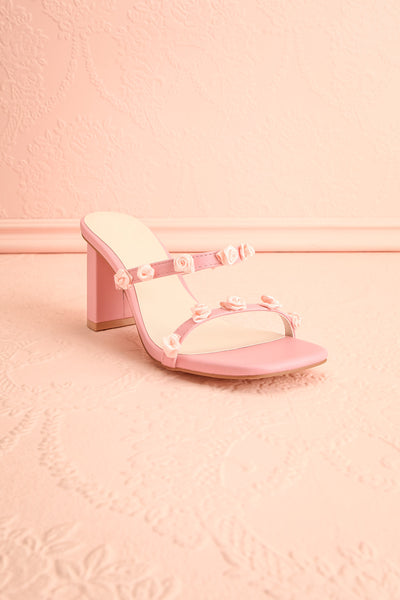 Synthicia Pink Heeled Sandals w/ Rose Flowers | Boutique 1861  front view