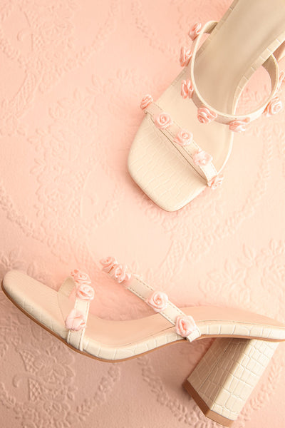 Synthicia Ivory Heeled Sandals w/ Rose Flowers | Boudoir 1861 flat view