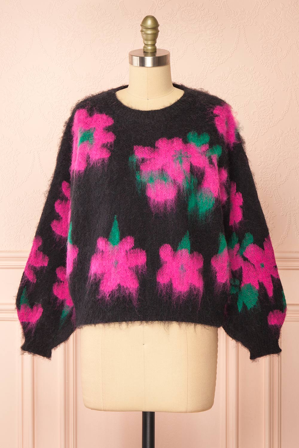 Tabatha Fuzzy Black Floral Sweater | Boutique 1861 front view