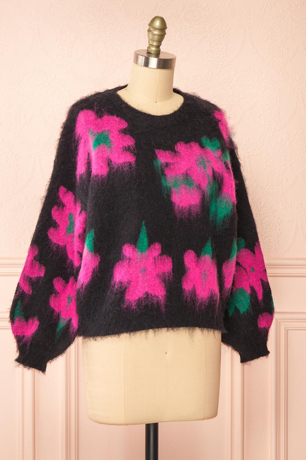 Tabatha Fuzzy Black Floral Sweater | Boutique 1861 side view