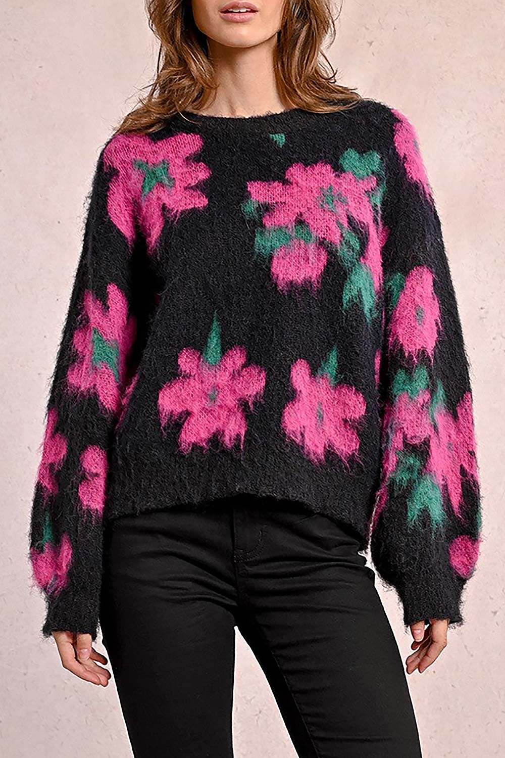 Tabatha Fuzzy Black Floral Sweater | Boutique 1861 on model