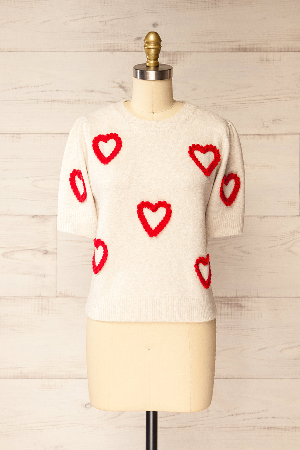 Tacite Cream Brushed Knit Top with Hearts | La petite garçonne front view
