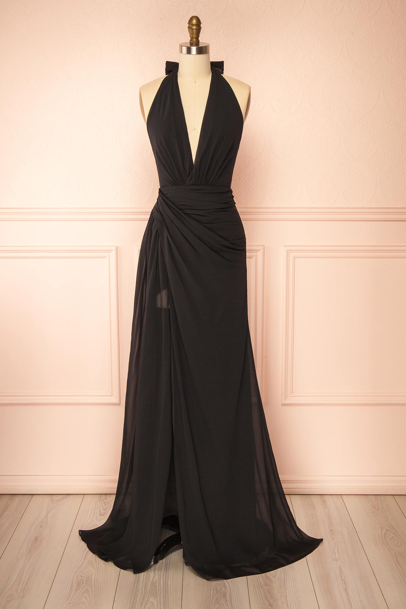 Tahina Black Chiffon Halter Neck Maxi Dress | Boutique 1861 front 