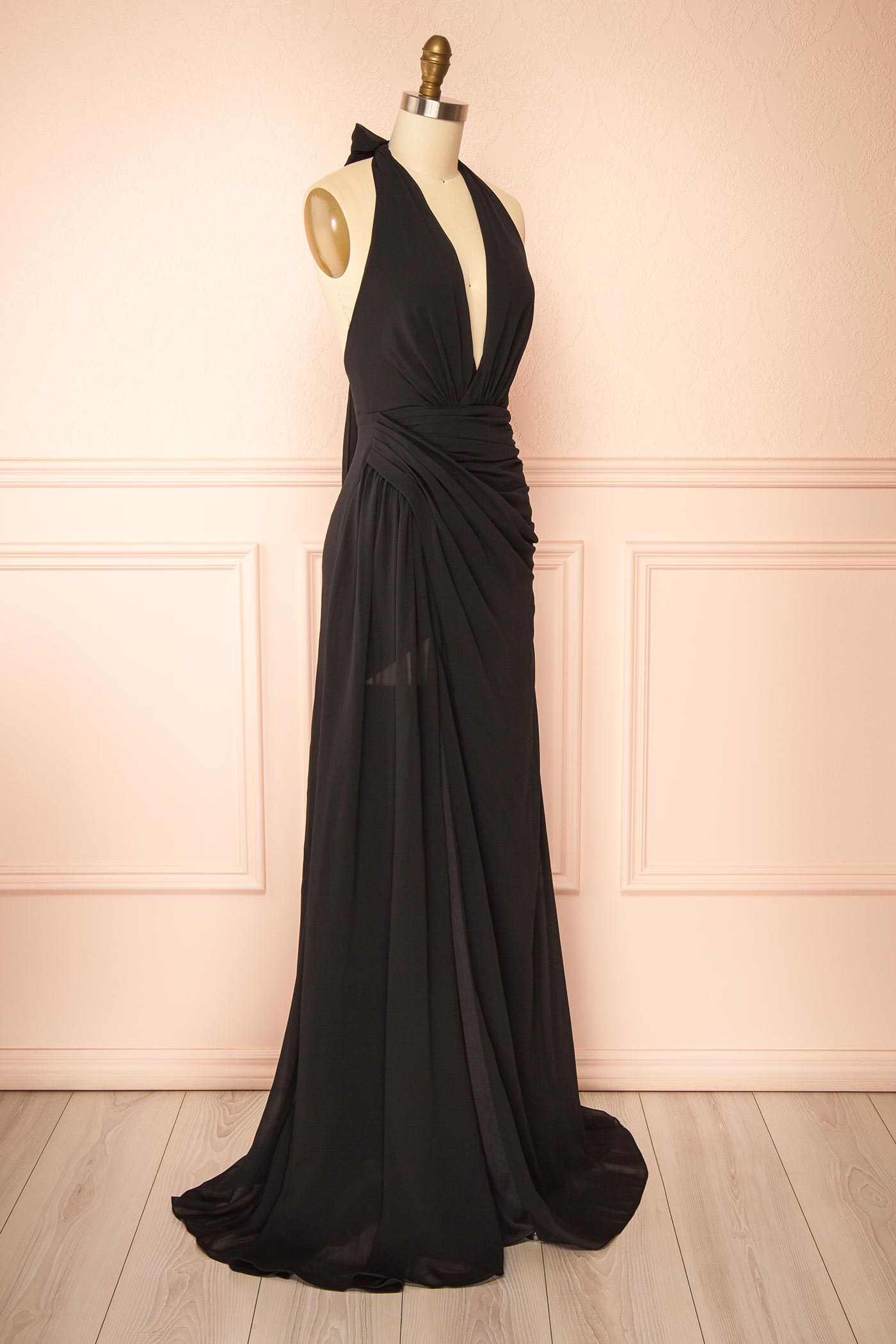 Tahina Black Chiffon Halter Neck Maxi Dress | Boutique 1861 side