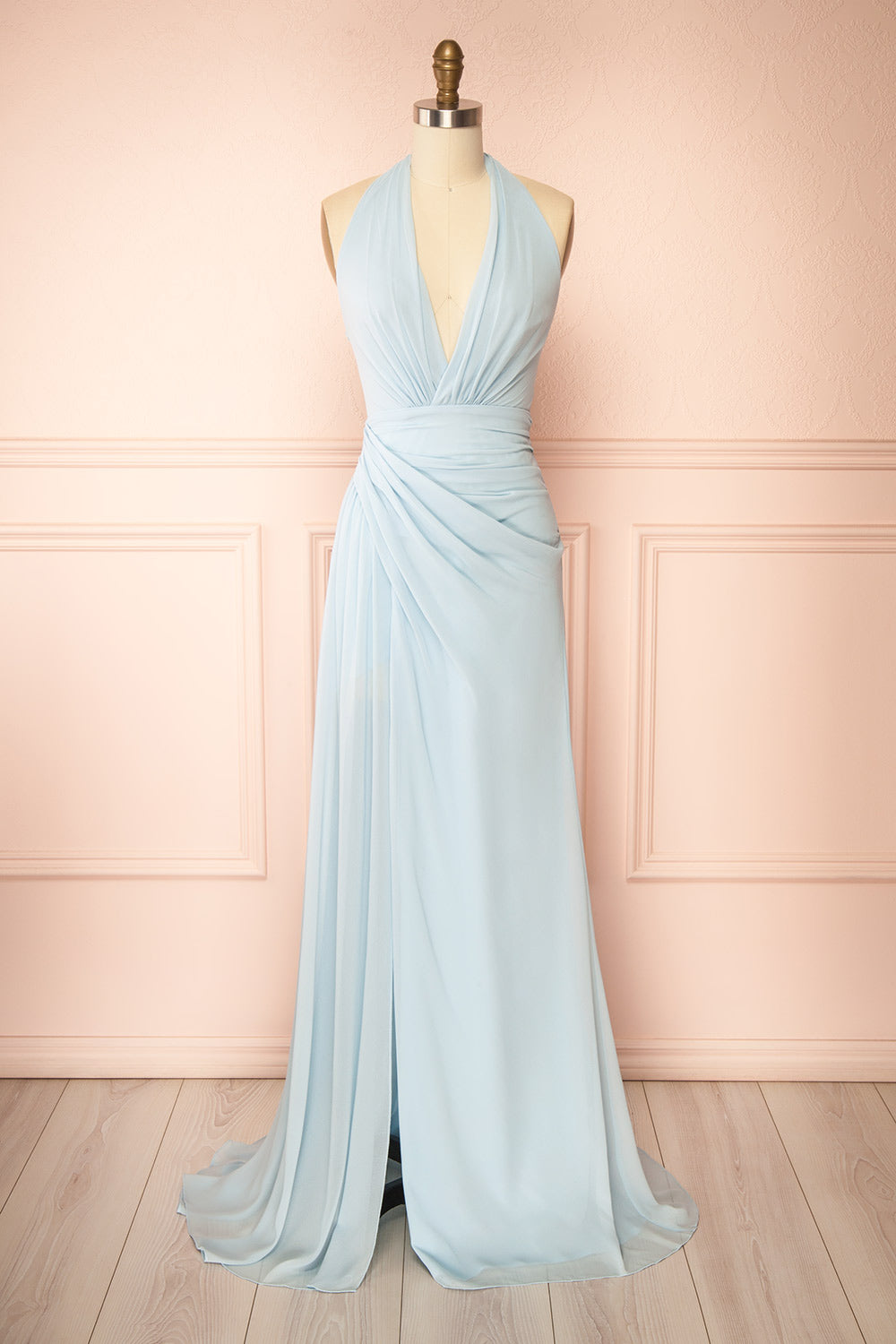 Tahina Light Blue Chiffon Halter Neck Maxi Dress | Boutique 1861 front view
