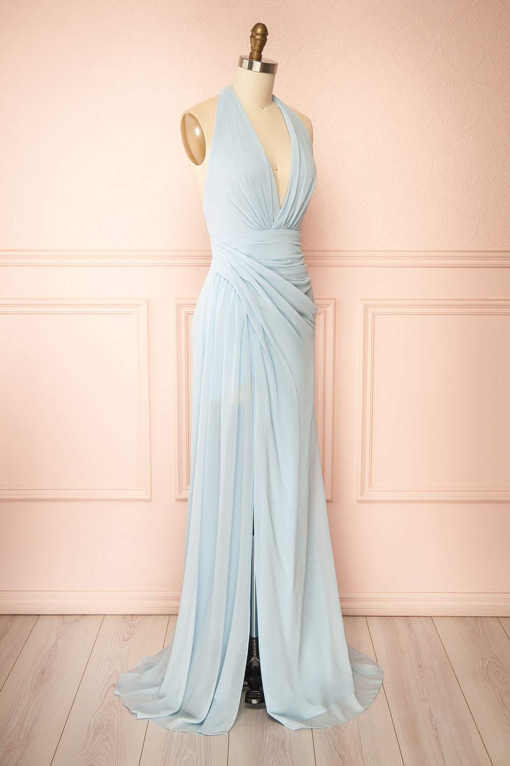 Tahina Light Blue Chiffon Halter Neck Maxi Dress | Boutique 1861 side view