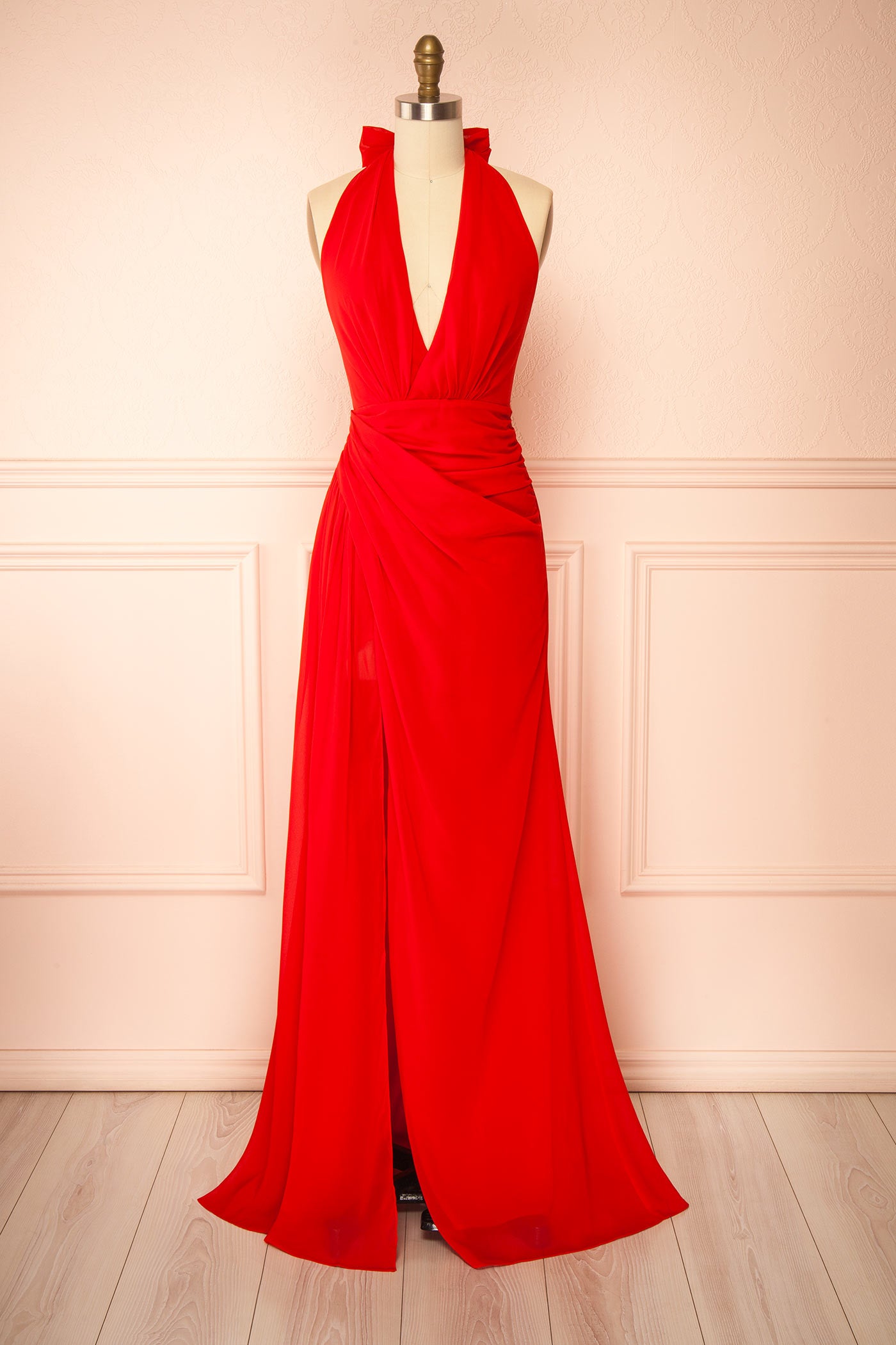 Tahina Red Chiffon Halter Neck Maxi Dress | Boutique 1861 front 