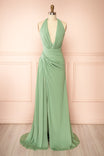 Tahina Sage Chiffon Halter Neck Maxi Dress | Boutique 1861 front view