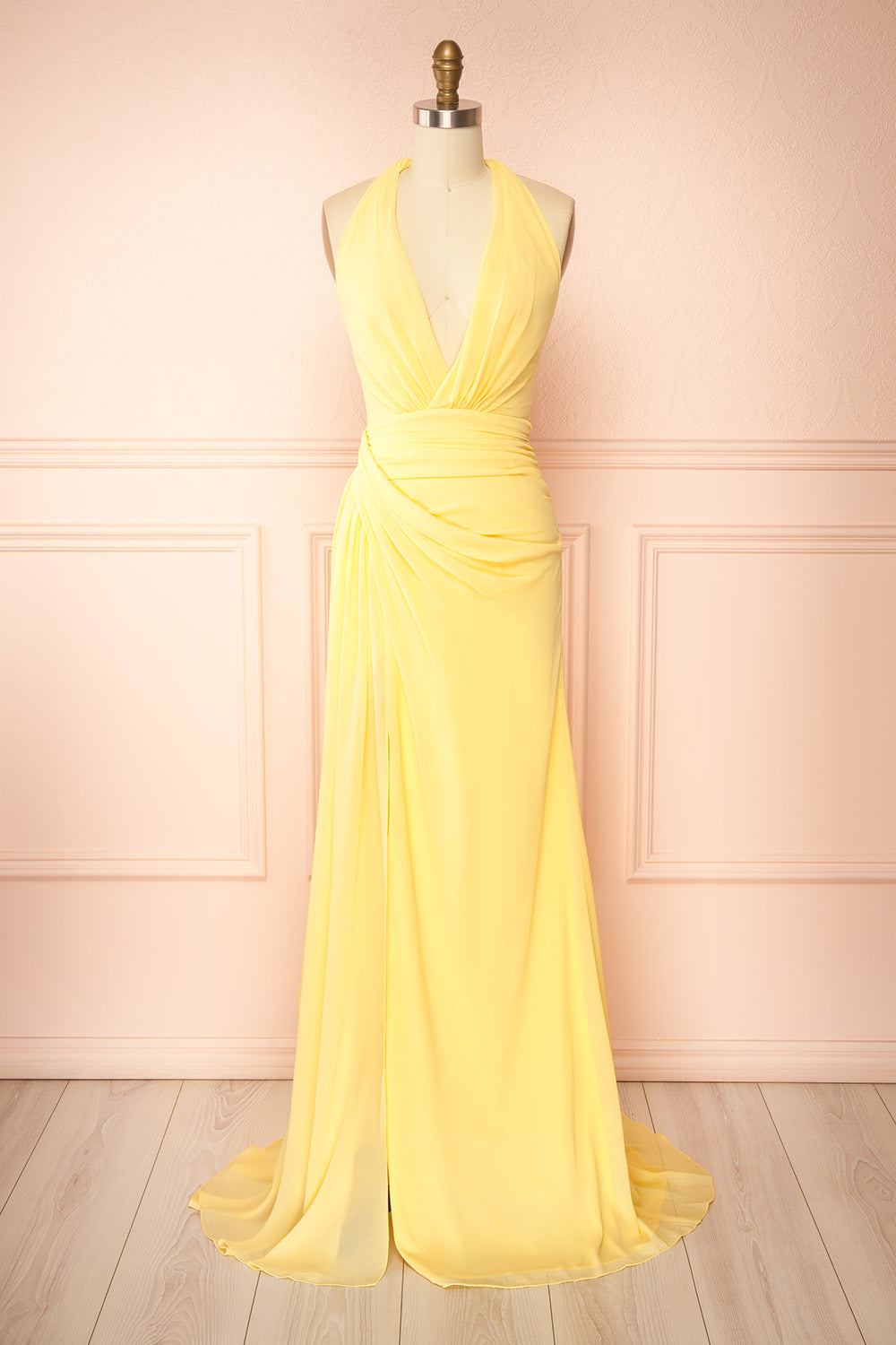Tahina Light Yellow Chiffon Halter Neck Maxi Dress | Boutique 1861 front view