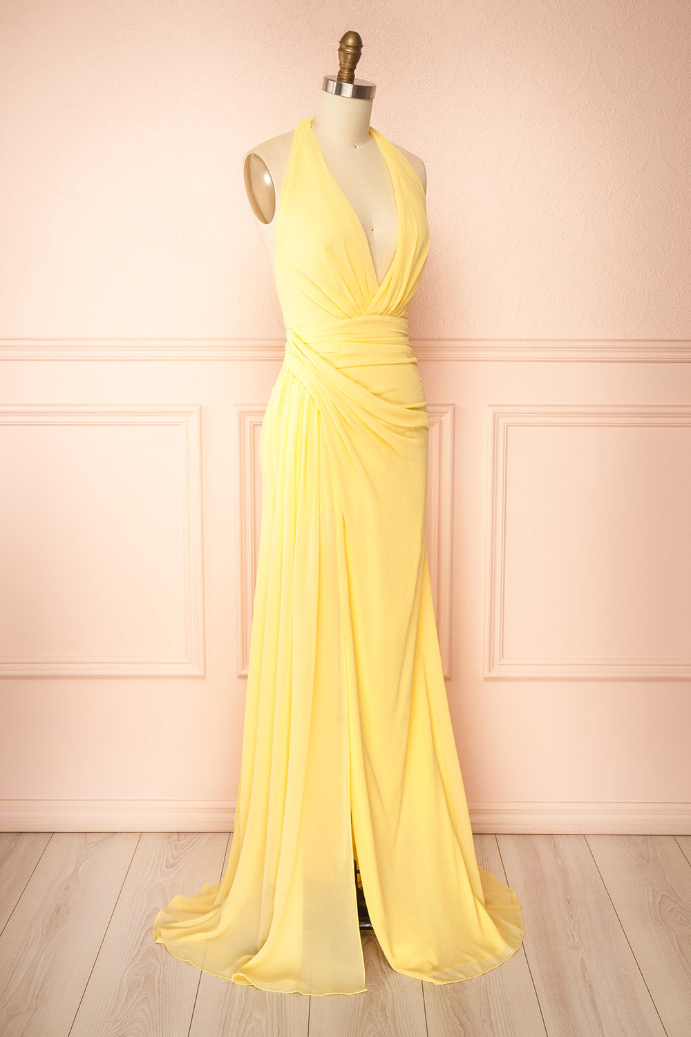 Tahina Light Yellow Chiffon Halter Neck Maxi Dress | Boutique 1861 side view