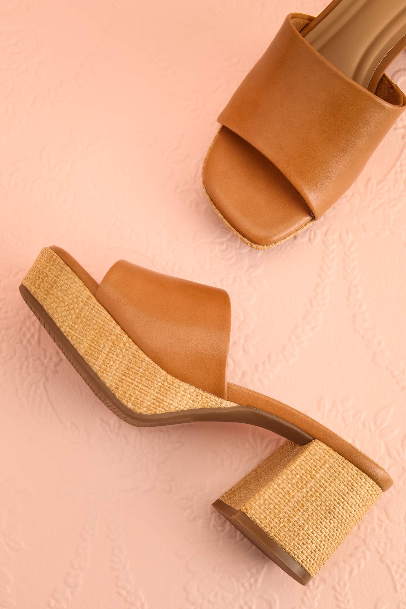 Topview of Tahis Brown Wide Block Heeled Sandals with Raffia at boutique 1861
