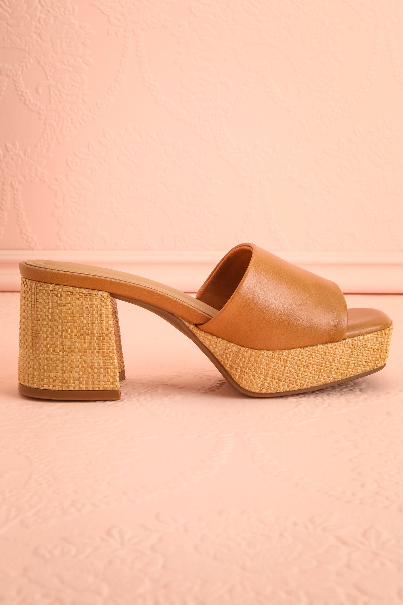 Sideview of Tahis Brown Wide Block Heeled Sandals with Raffia at boutique 1861