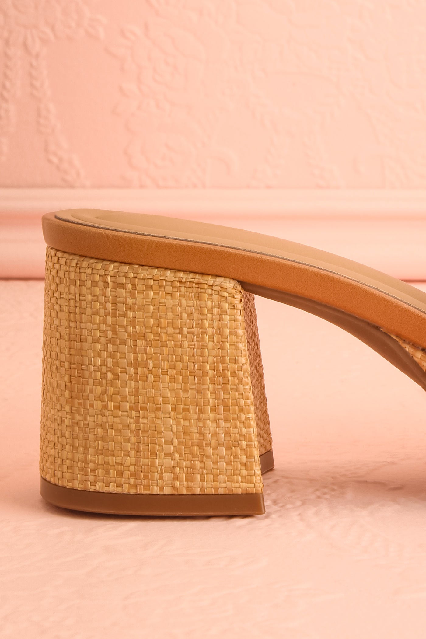 Close-up of Tahis Brown Wide Block Heeled Sandals with Raffia at boutique 1861