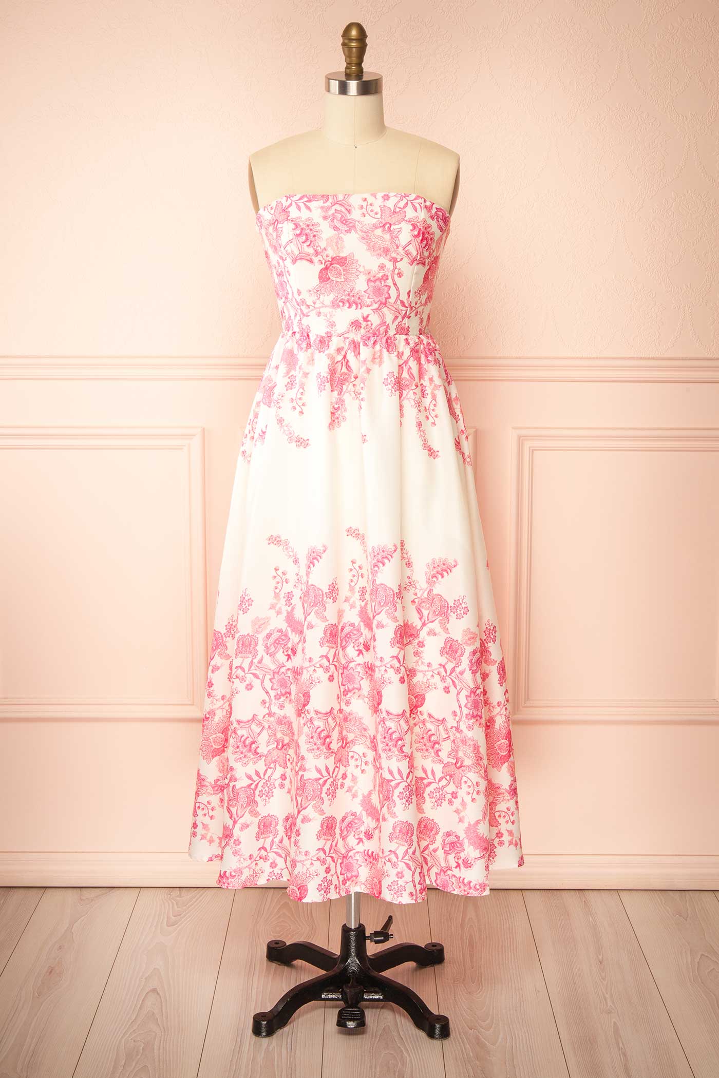 Taishi | Strapless Pink Toile Floral Midi Dress with Smocked Back