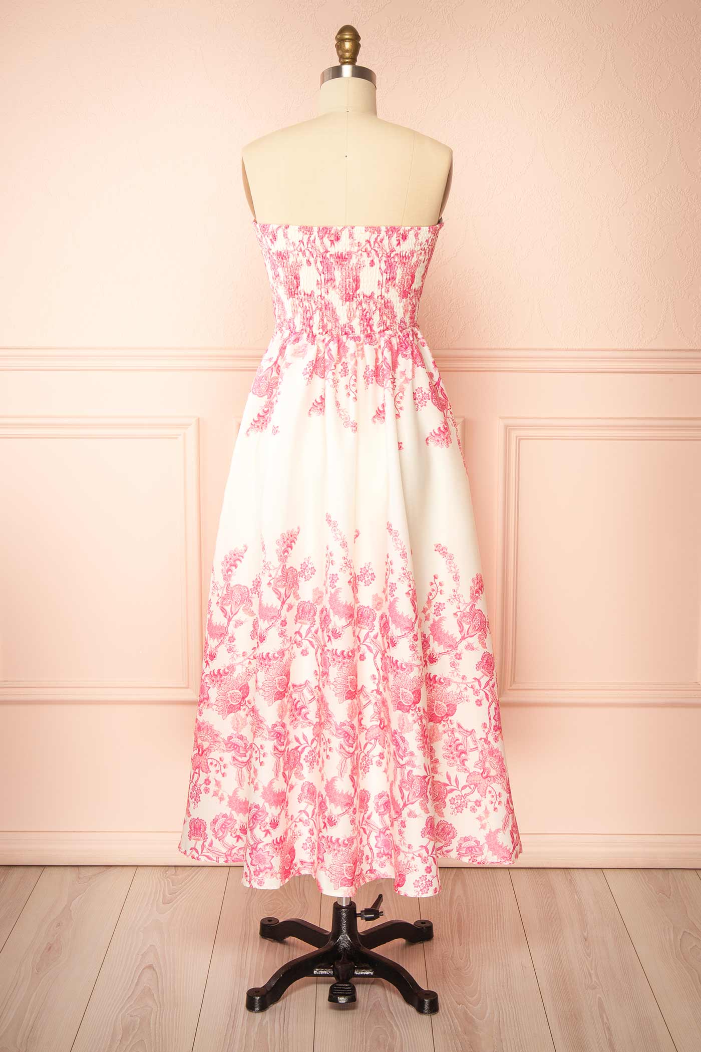 Taishi | Strapless Pink Toile Floral Midi Dress with Smocked Back