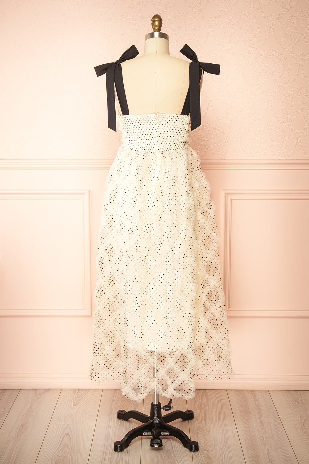 Takako Long White Tulle Dress with Black Polka Dots | Boutique 1861 back view