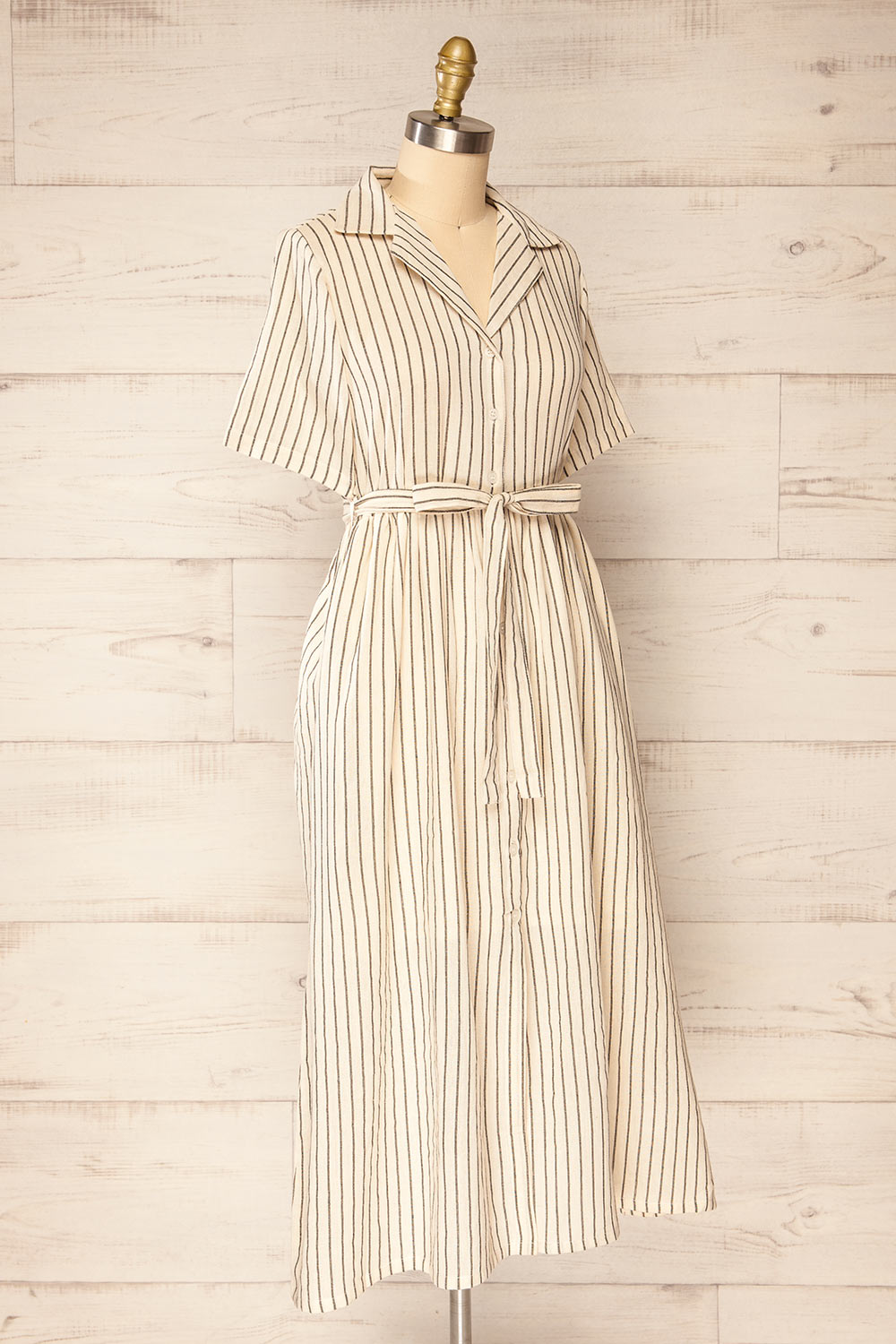 Talence Beige Striped Buttoned Midi Shirt Dress | La petite garçonne side view