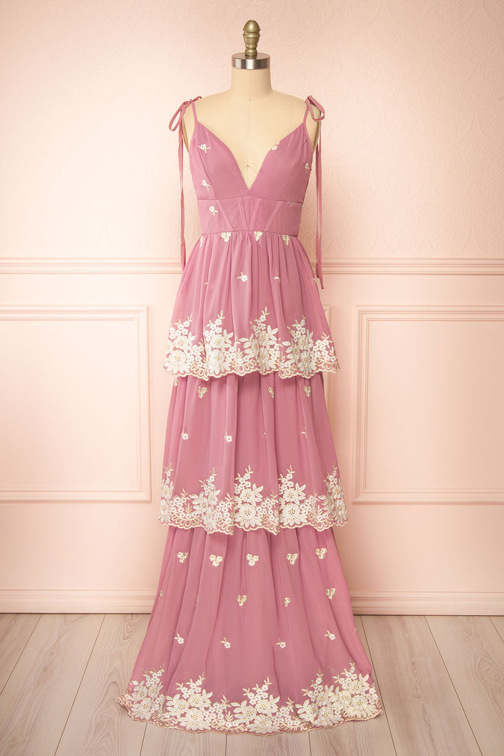 Taliana Mauve Chiffon Maxi Dress w/ Floral Embroidery | Boutique 1861 front view