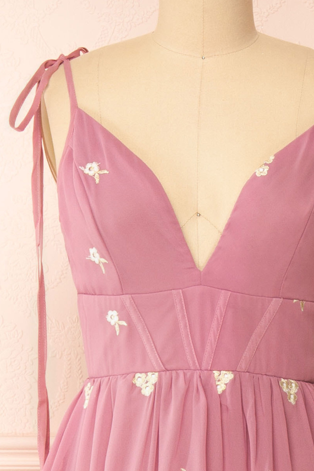 Taliana Mauve Chiffon Maxi Dress w/ Floral Embroidery | Boutique 1861 front