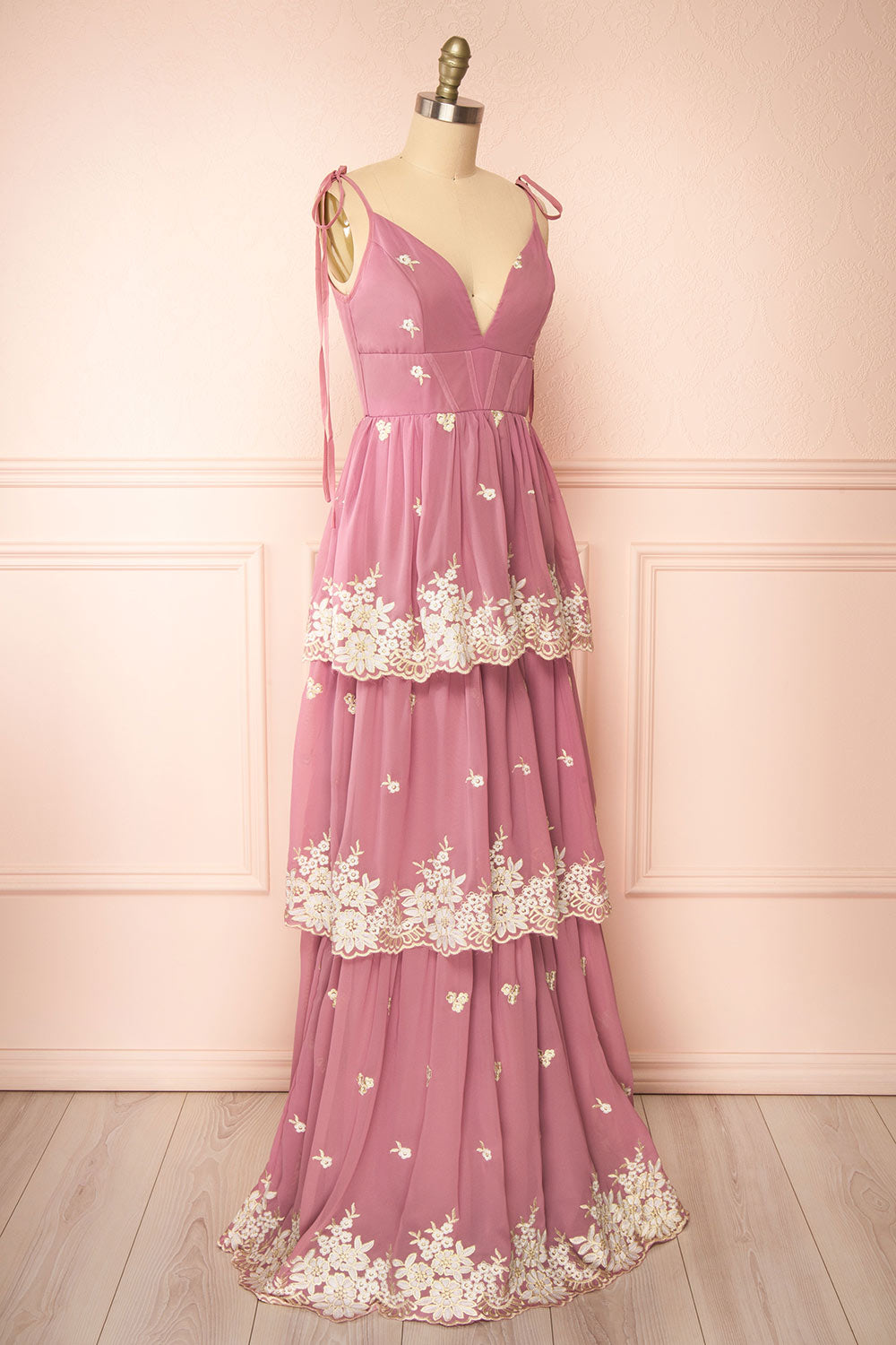 Taliana Mauve Chiffon Maxi Dress w/ Floral Embroidery | Boutique 1861 side view