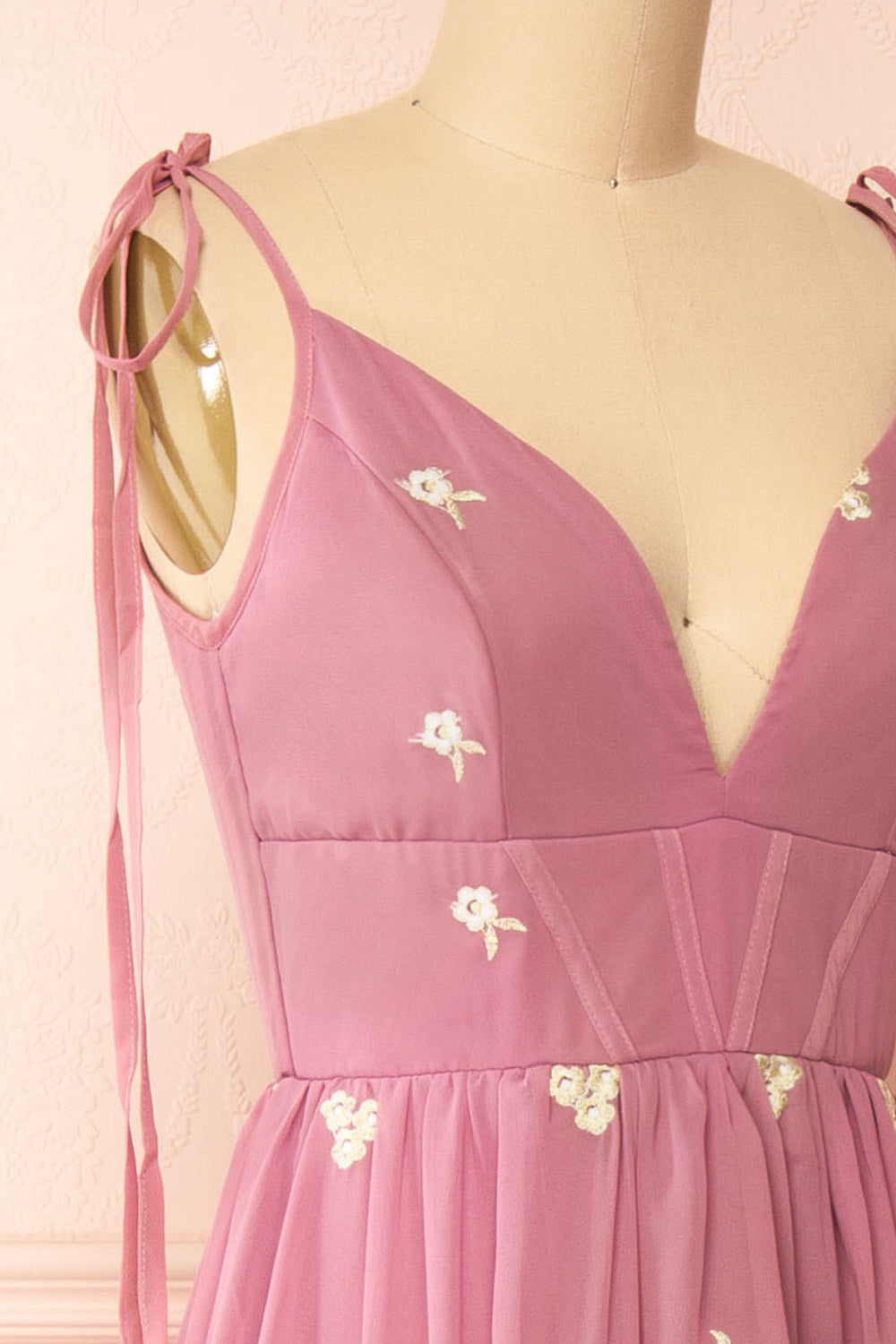 Taliana Mauve Chiffon Maxi Dress w/ Floral Embroidery | Boutique 1861 side