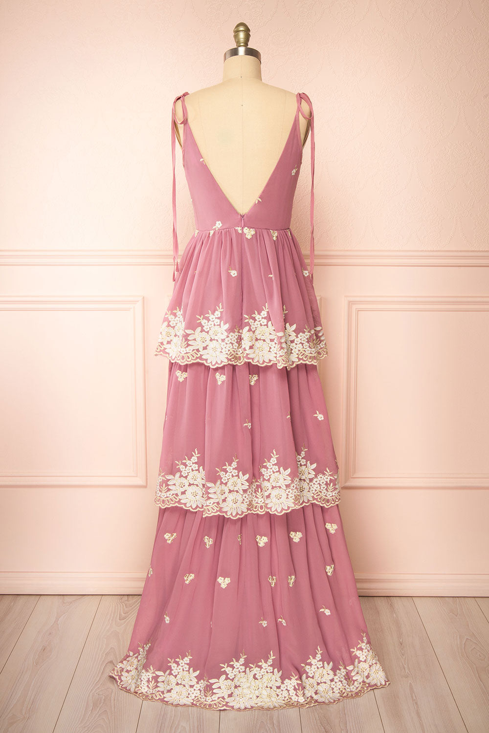Taliana Mauve Chiffon Maxi Dress w/ Floral Embroidery | Boutique 1861 back view