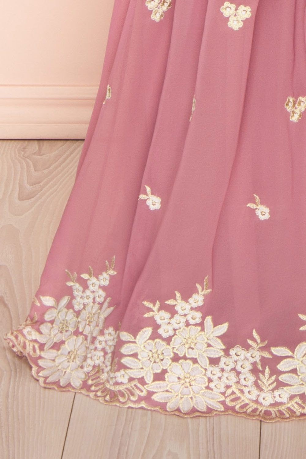 Taliana Mauve Chiffon Maxi Dress w/ Floral Embroidery | Boutique 1861 bottom