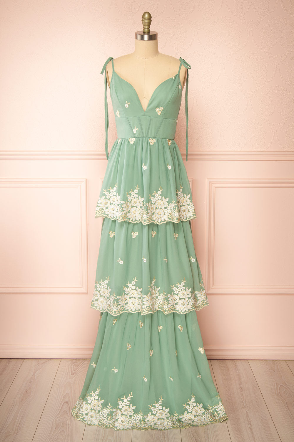 Taliana Sage Chiffon Maxi Dress w/ Floral Embroidery | Boutique 1861 front view