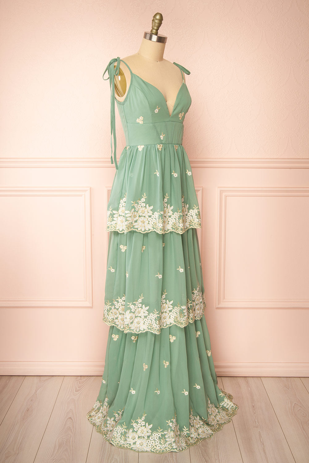 Taliana Sage Chiffon Maxi Dress w/ Floral Embroidery | Boutique 1861 side view