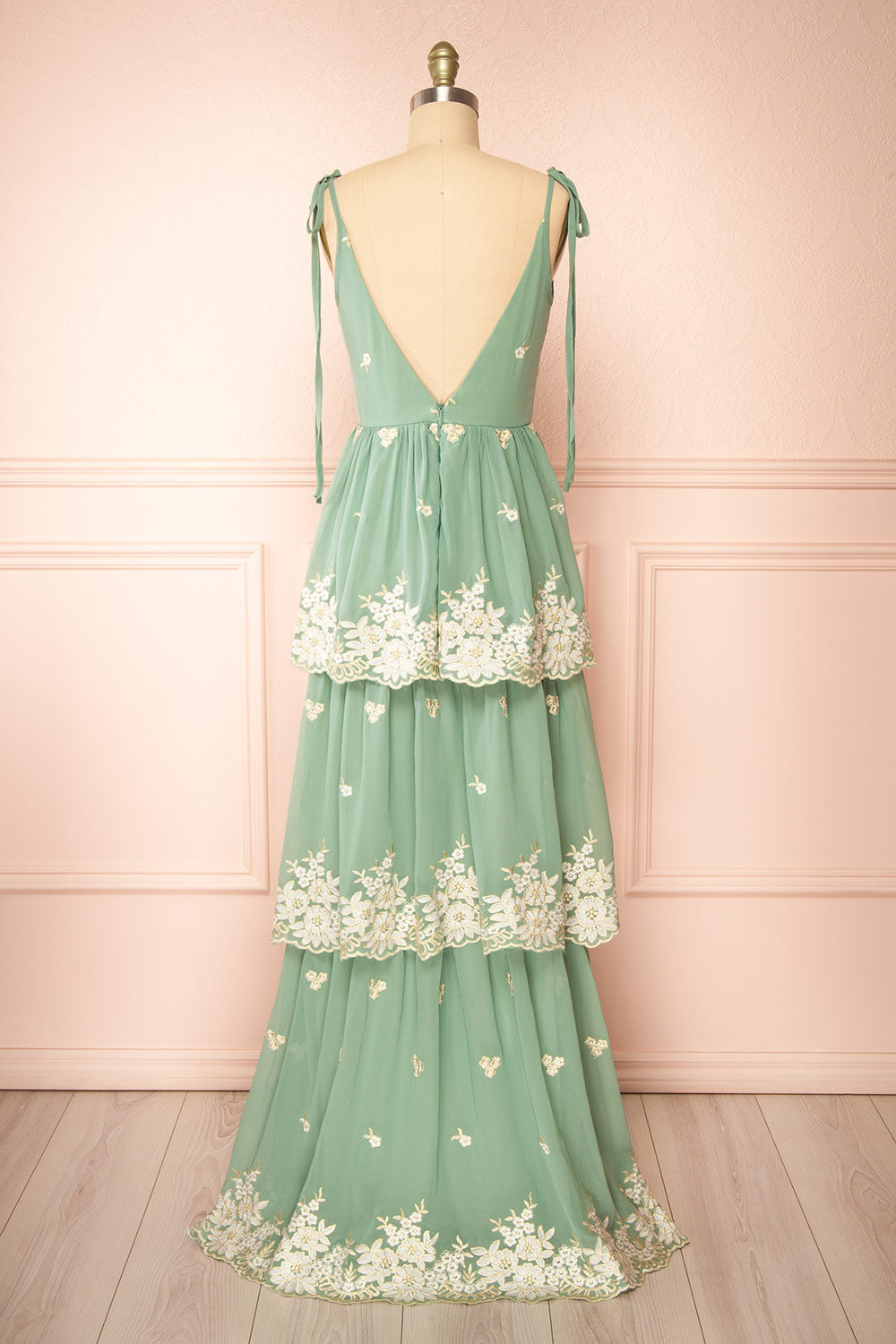Taliana Sage Chiffon Maxi Dress w/ Floral Embroidery | Boutique 1861 back view
