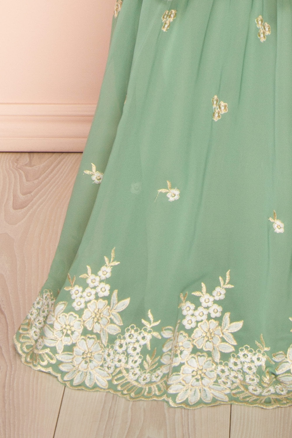 Taliana Sage Chiffon Maxi Dress w/ Floral Embroidery | Boutique 1861 bottom