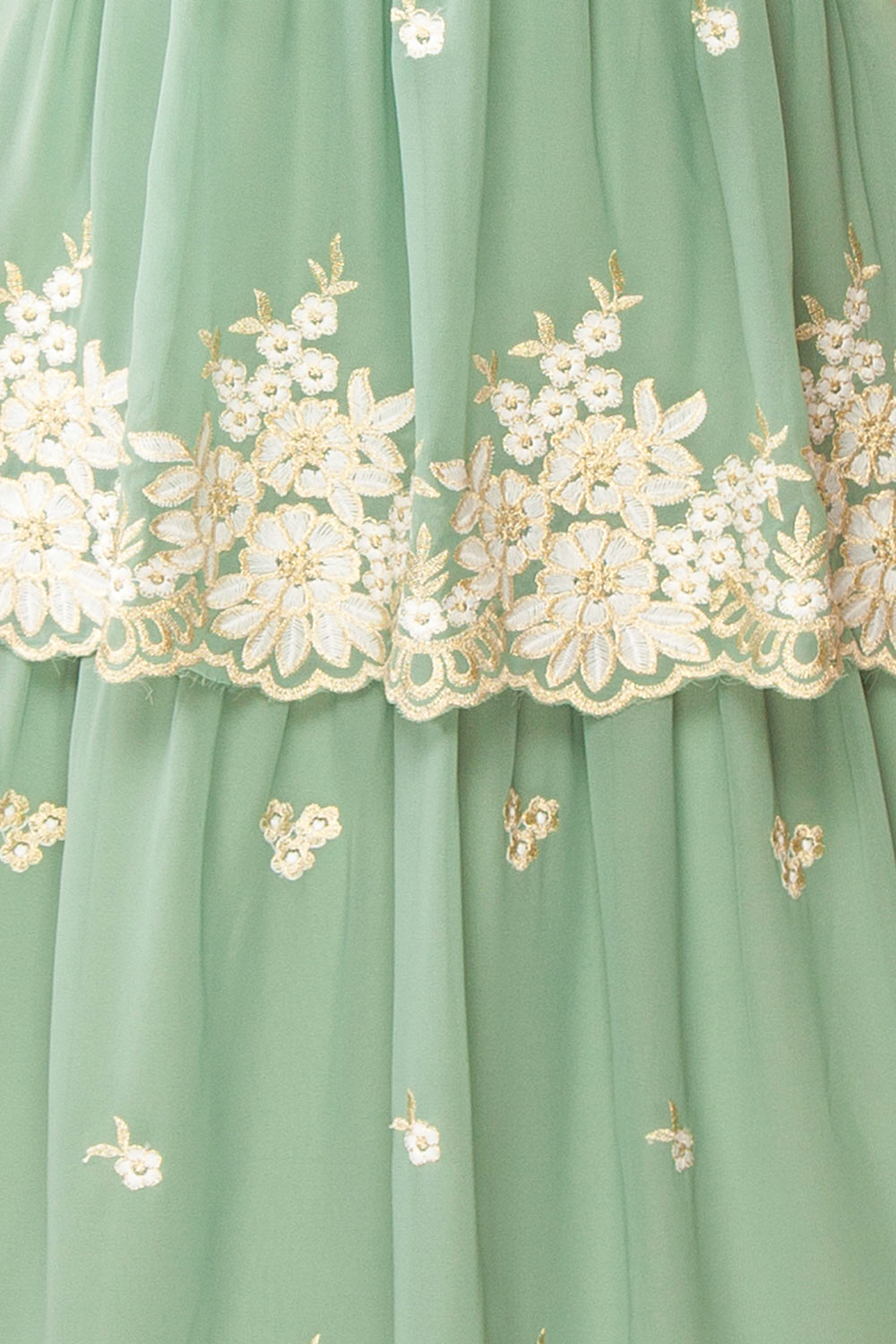 Taliana Sage Chiffon Maxi Dress w/ Floral Embroidery | Boutique 1861 fabric 