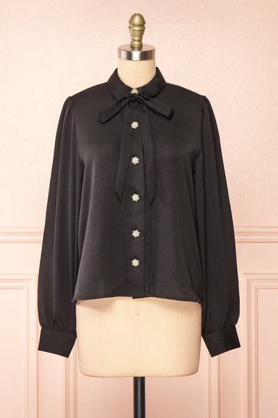 Talie Black Textured Chiffon Button-Up Blouse | Boutique 1861 front view
