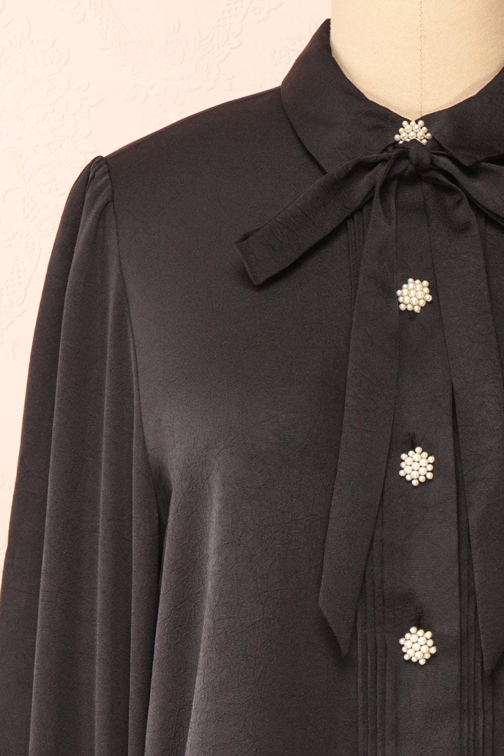Talie Black Textured Chiffon Button-Up Blouse | Boutique 1861  front close-up