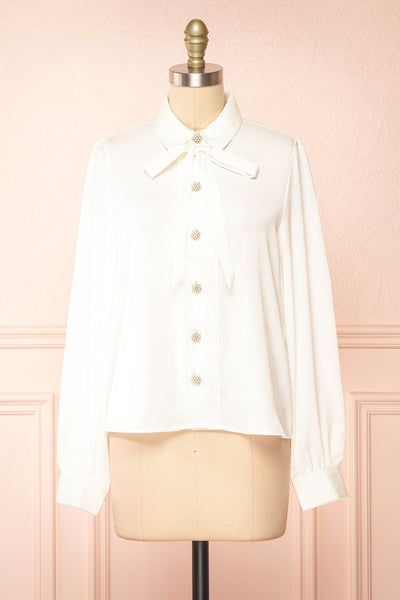 Talie Ivory Textured Chiffon Button-Up Blouse | Boutique 1861 front view