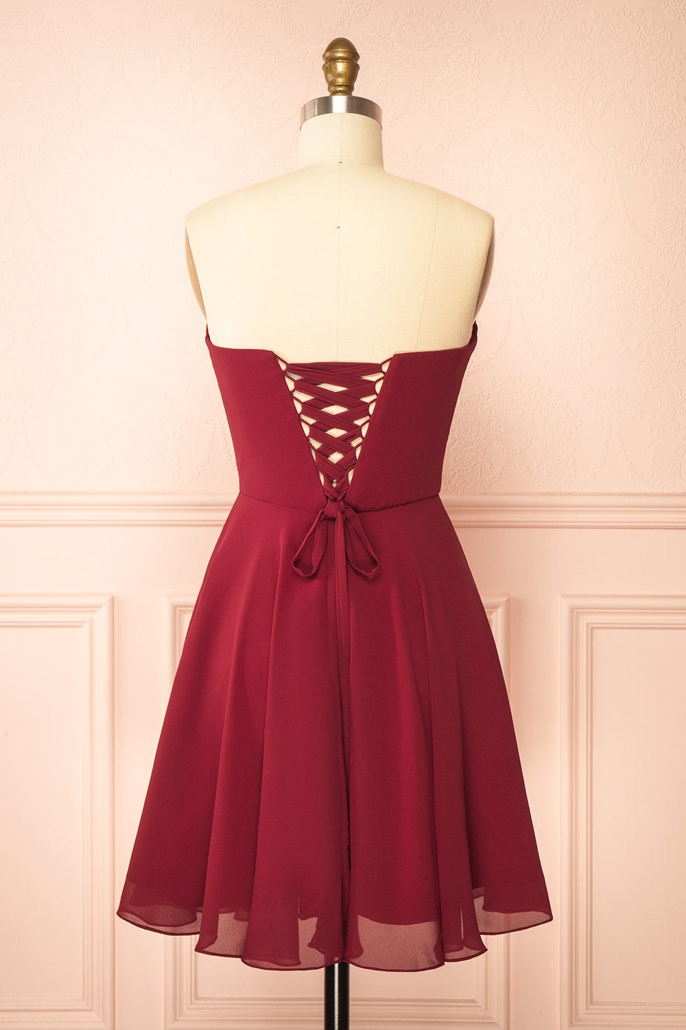 Tamy Burgundy Short Chiffon Dress with Sweetheart Neckline | Boutique 1861 back view