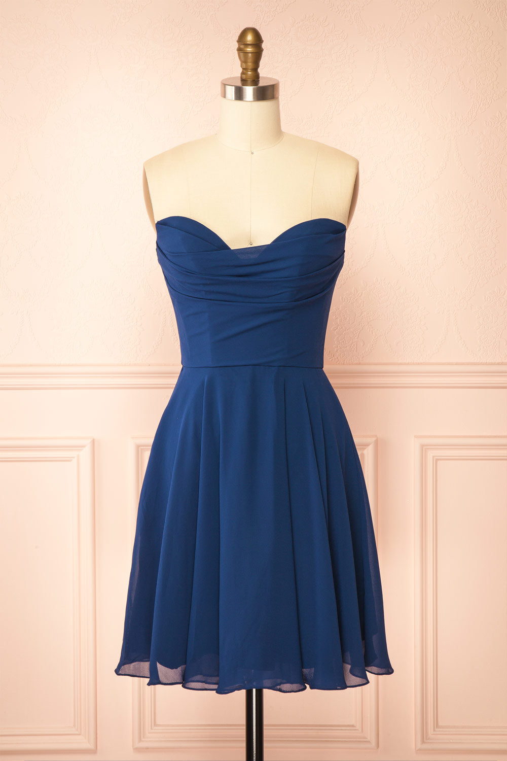 Tamy Navy Short Chiffon Dress with Sweetheart Neckline | Boutique 1861 front