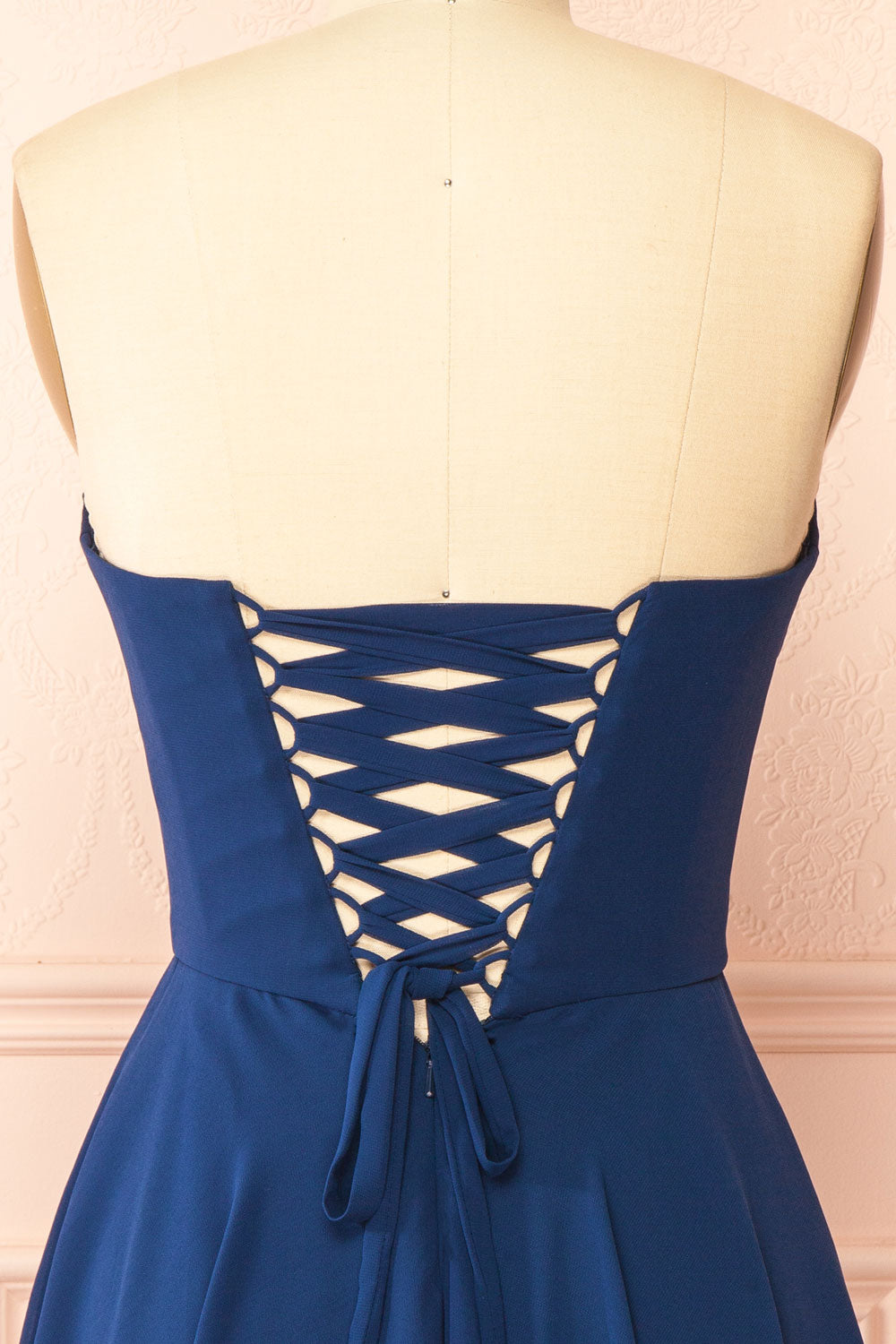 Tamy Navy Short Chiffon Dress with Sweetheart Neckline | Boutique 1861 back view