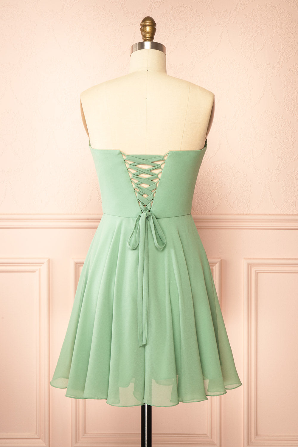 Tamy Sage Short Chiffon Dress with Sweetheart Neckline | Boutique 1861 back view
