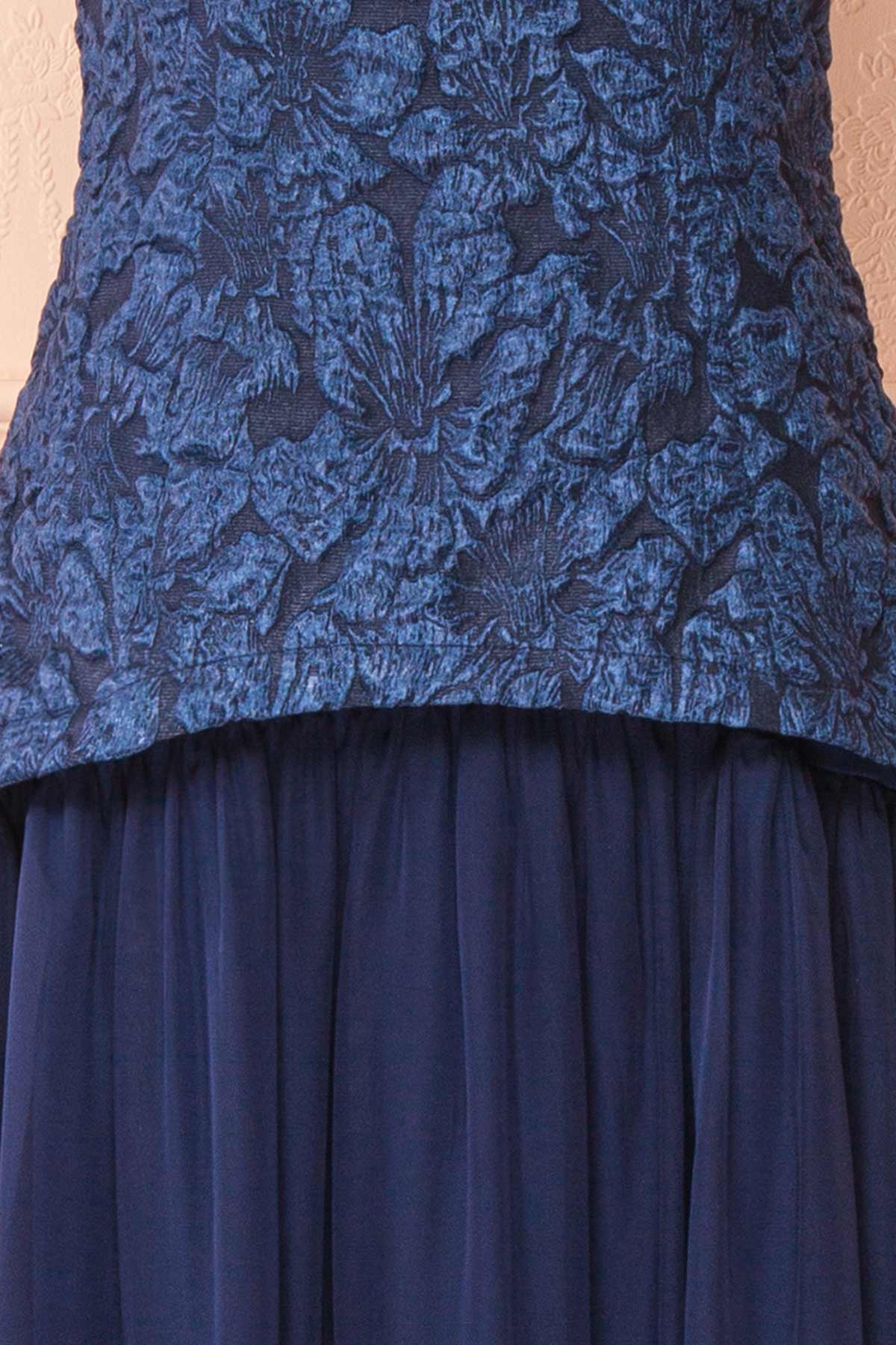 fabric view of Tantina Navy Jacquard Halterneck Maxi Dress at Boutique 1861