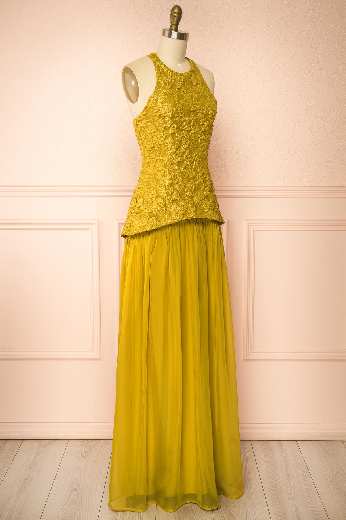 Side view of Tantina Yellow Jacquard Halterneck Maxi Dress at Boutique 1861