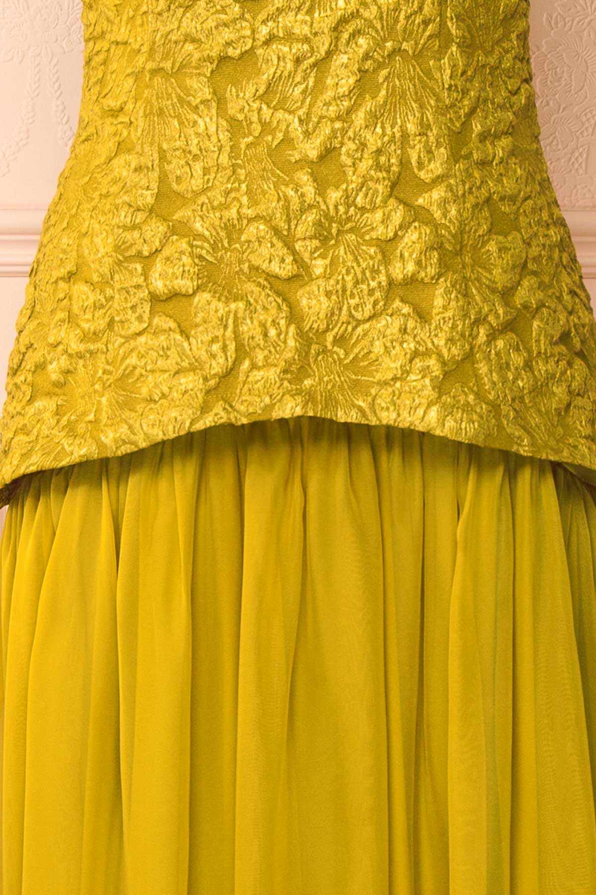 Fabric view of Tantina Yellow Jacquard Halterneck Maxi Dress at Boutique 1861
