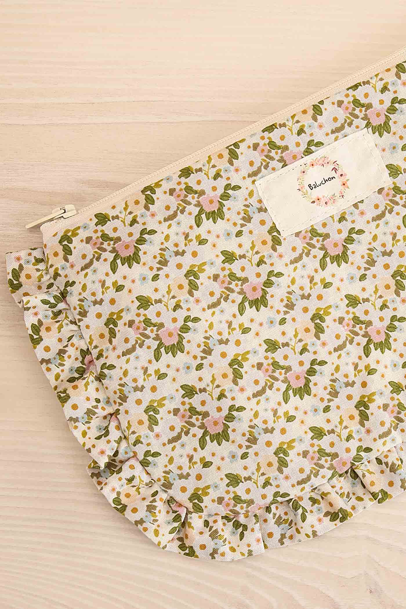 Tapore White Floral Ruffled Cosmetic Bag | Maison garçonne close-up