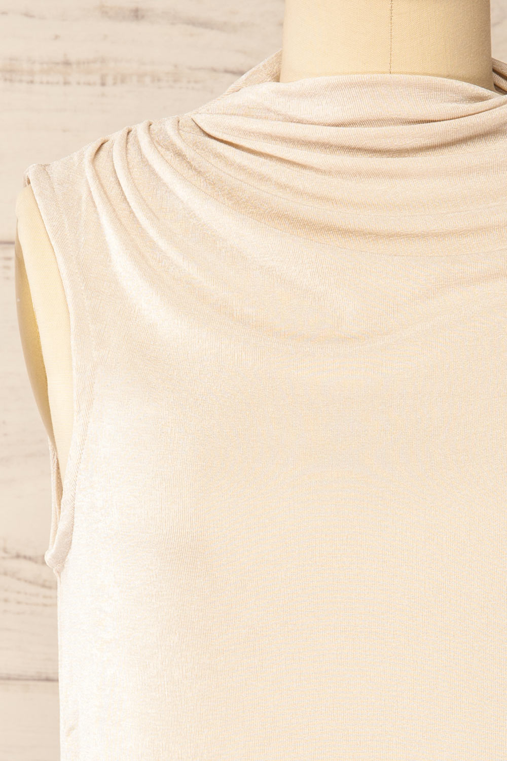 Tapshap Ivory Sleeveless Top w/ Draped Mock Neck | La petite garçonne front close-up