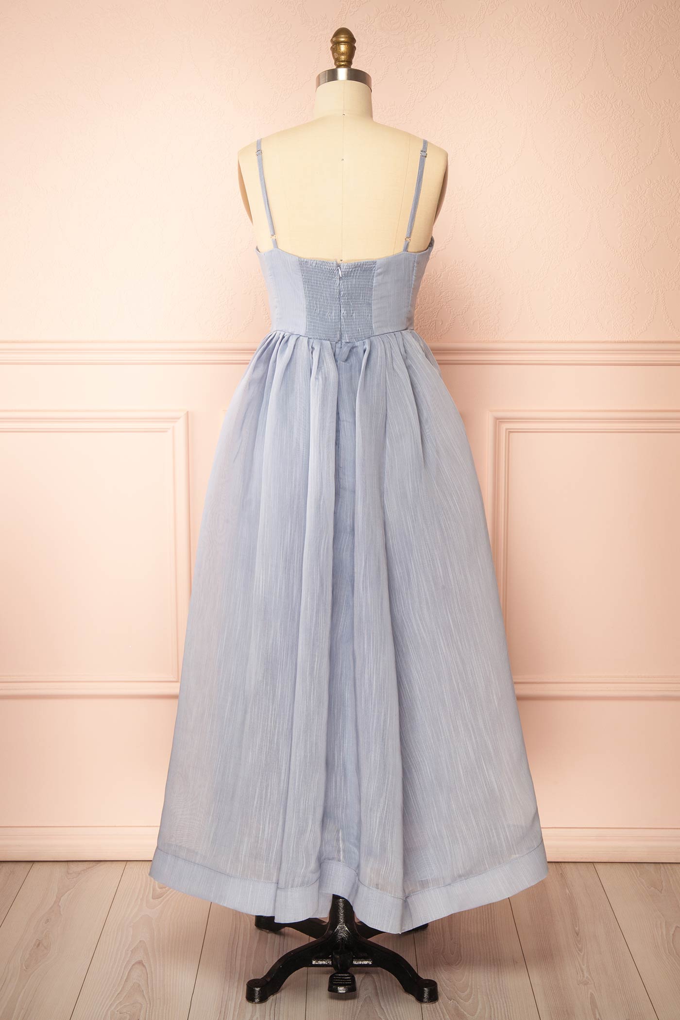 Back view Tavila Blue Textured Chiffon Maxi Dress with Gathered Bust at la boutique 1861