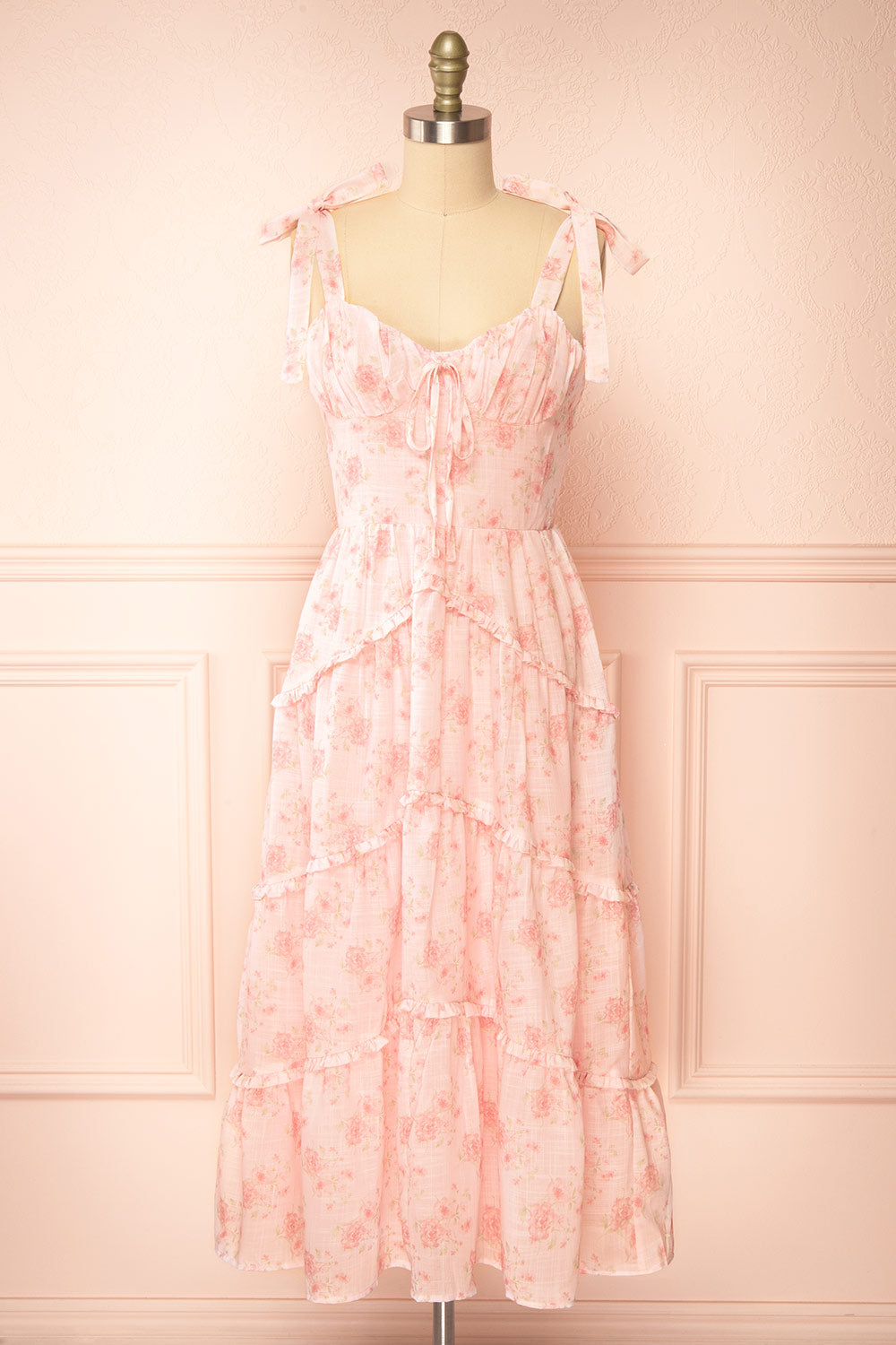 Taylor Midi Pink Floral Dress w/ Bow Straps | Boutique 1861 front view